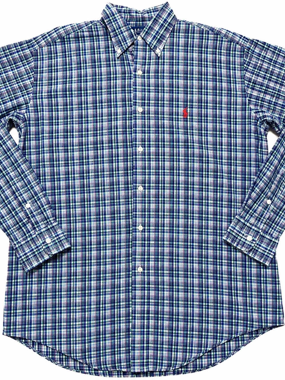 Ralph Lauren Classic Fit Plaid Button Down Shirt 15.5 Blue Cotton Red Pony